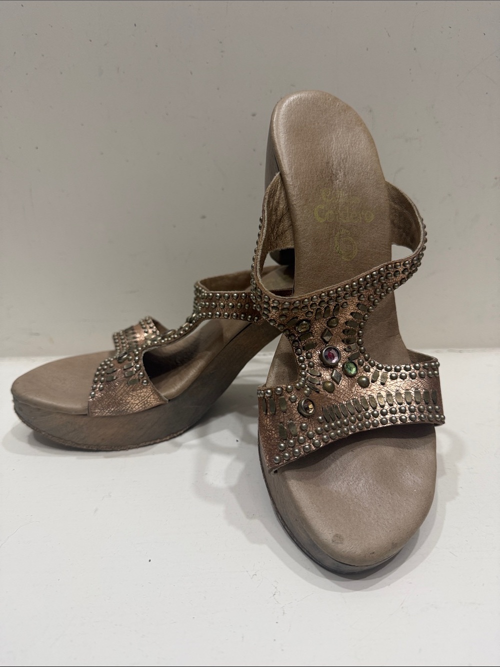 Calleen Cordero Embellished Metallic Wedge Sandals - Rose Gold